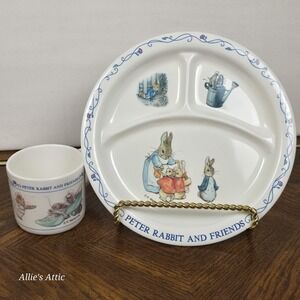 Vintage Beatrix Potter Peter Rabbit and Friends 2 Pc Melamine Dish Set Plate Cup